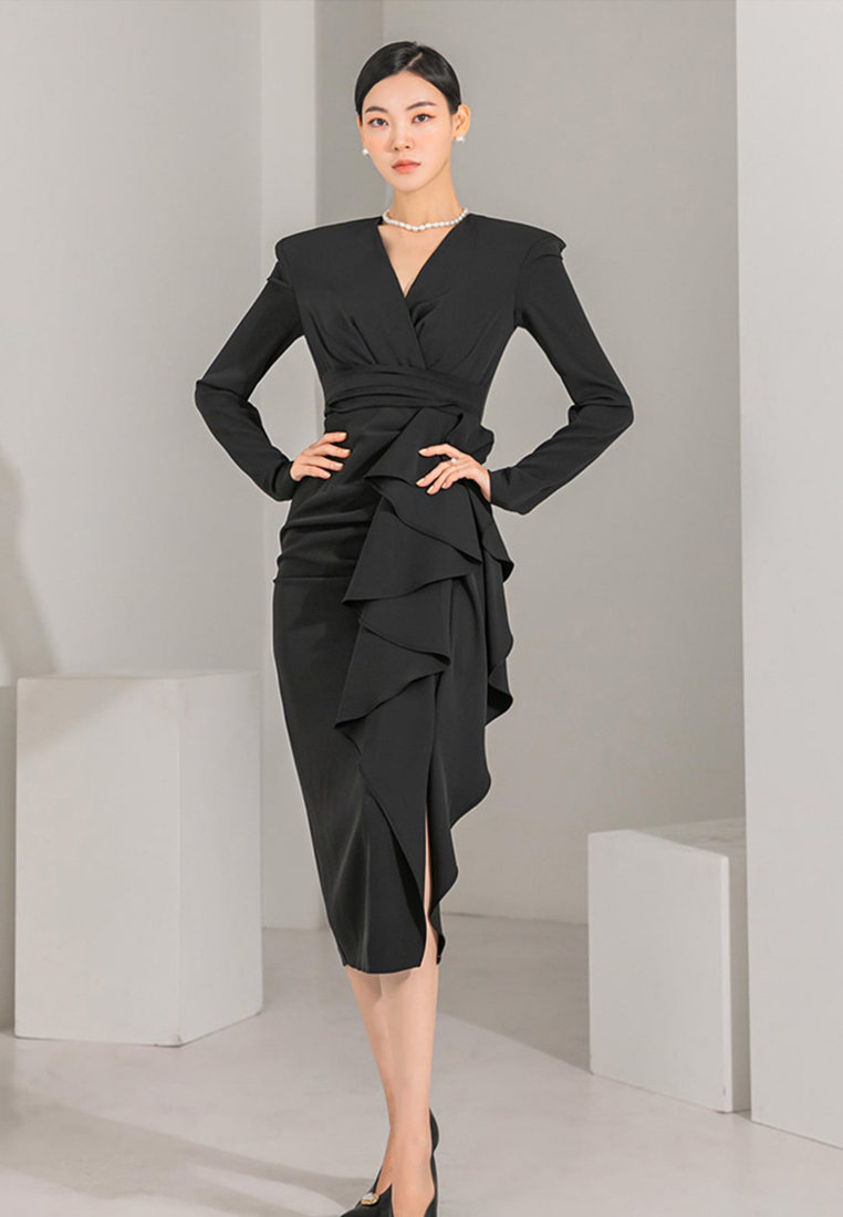 2024 autumn new elegant V-neck ruffled dress CA24073115BK