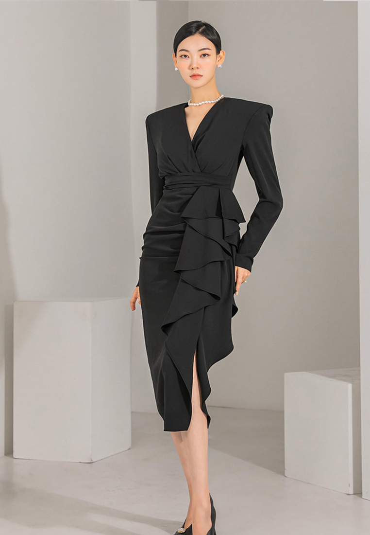 2024 autumn new elegant V-neck ruffled dress CA24073115BK