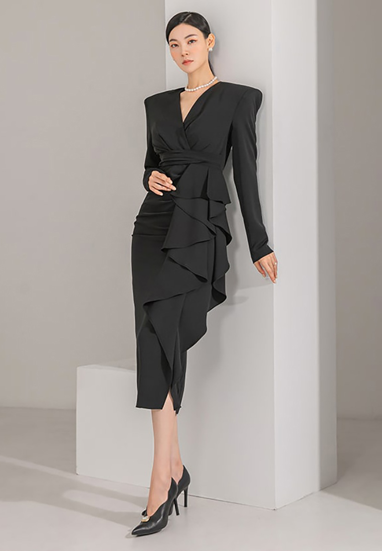 2024 autumn new elegant V-neck ruffled dress CA24073115BK