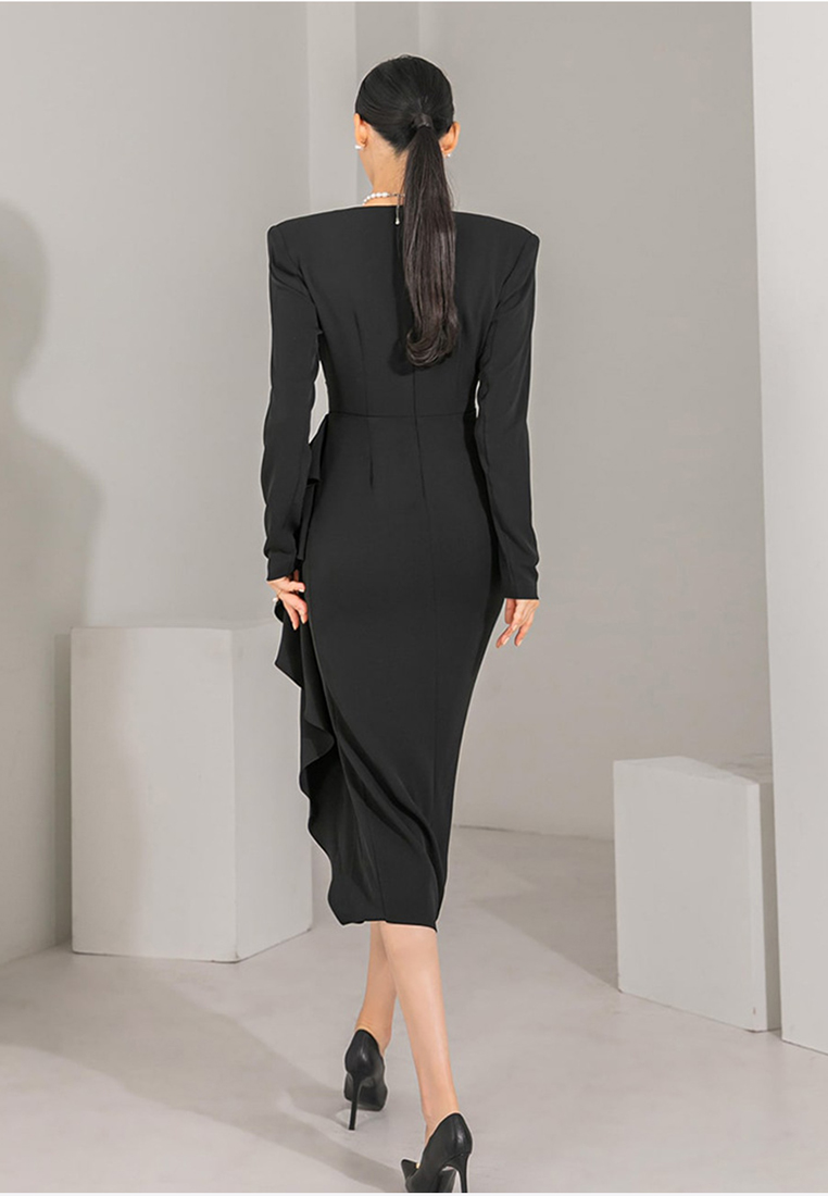 2024 autumn new elegant V-neck ruffled dress CA24073115BK