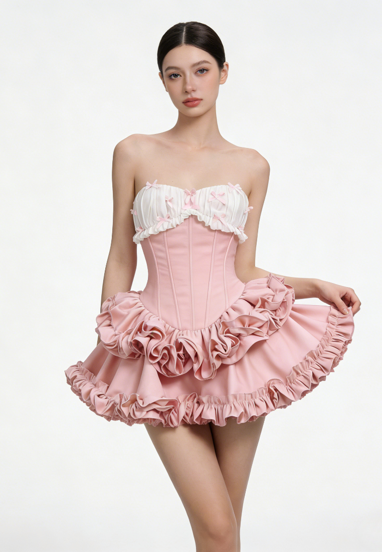 French Strapless Corset Ruffle Mini Dress Bow Detail Sweetheart Party Dress K26040915