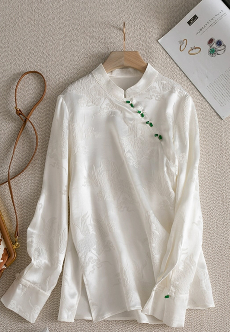 Heavyweight jacquard beaded disc buttondown cross-collar long-sleeved shirt CA110215W