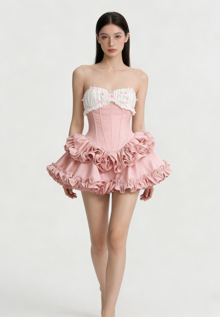 French Strapless Corset Ruffle Mini Dress Bow Detail Sweetheart Party Dress K26040915