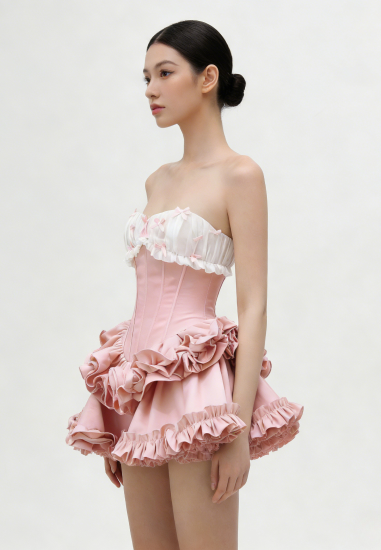 French Strapless Corset Ruffle Mini Dress Bow Detail Sweetheart Party Dress K26040915