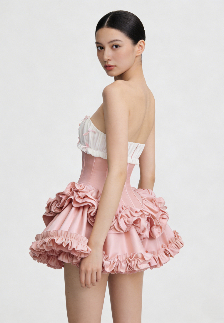 French Strapless Corset Ruffle Mini Dress Bow Detail Sweetheart Party Dress K26040915