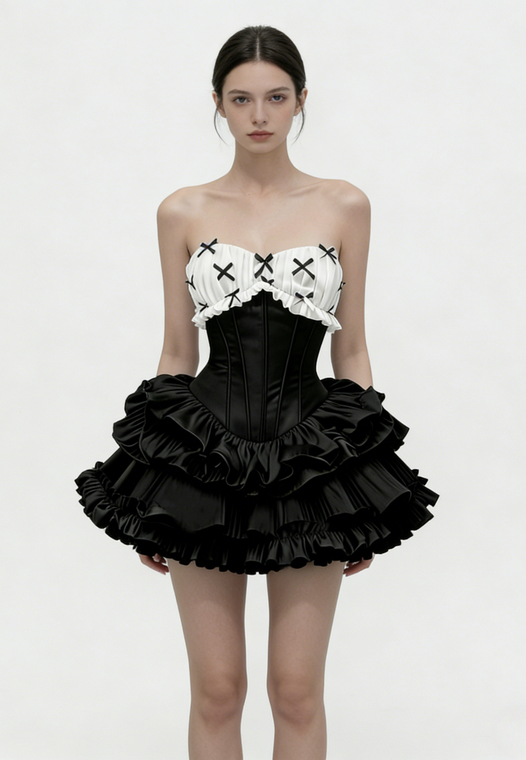 French Strapless Corset Ruffle Mini Dress Bow Detail Sweetheart Party Dress K26040915