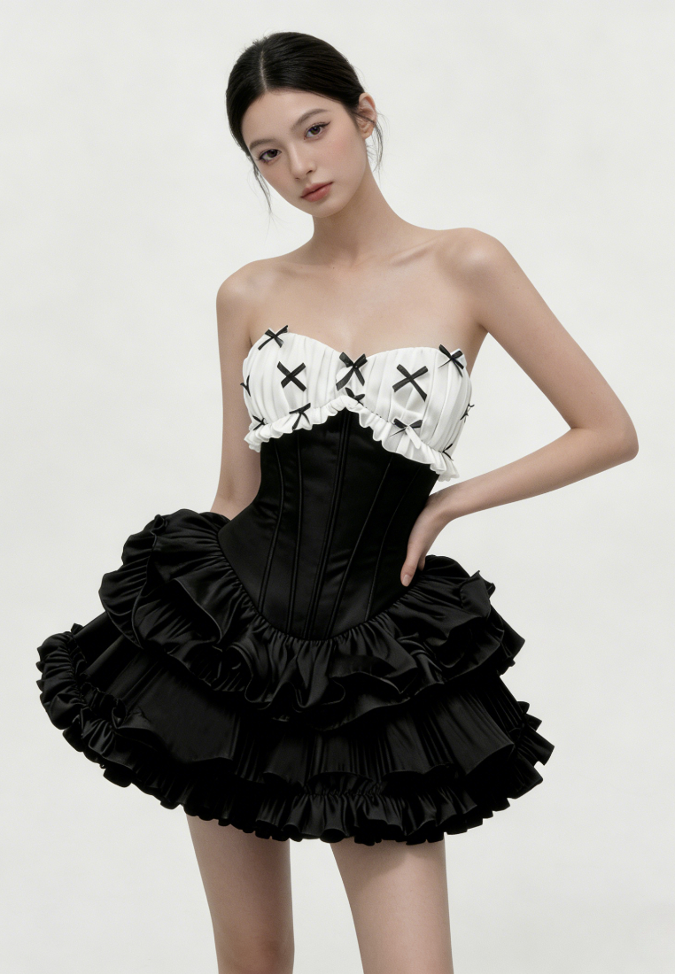 French Strapless Corset Ruffle Mini Dress Bow Detail Sweetheart Party Dress K26040915
