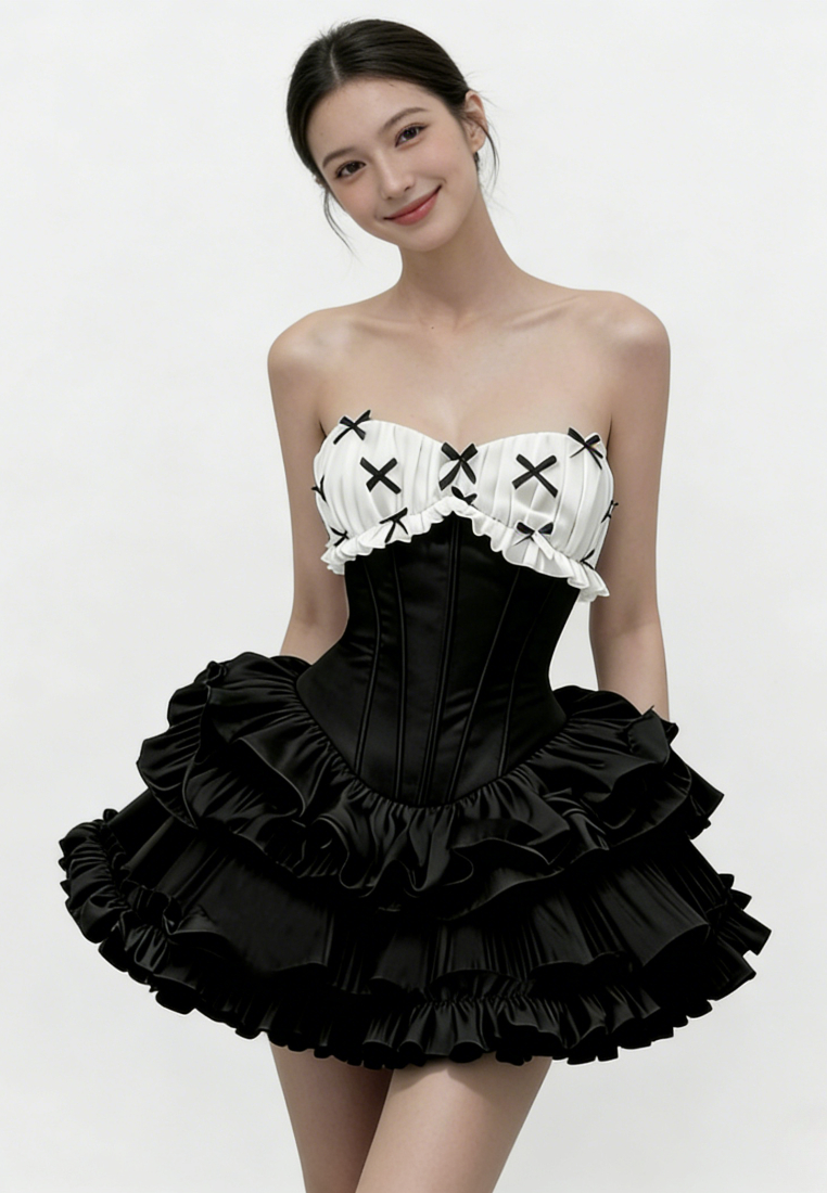 French Strapless Corset Ruffle Mini Dress Bow Detail Sweetheart Party Dress K26040915