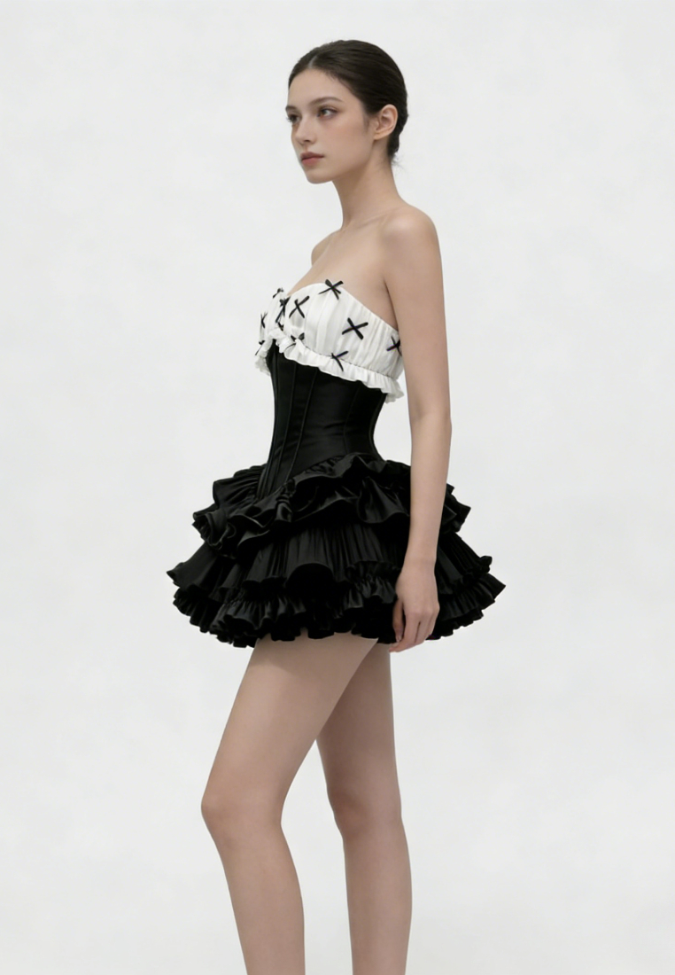 French Strapless Corset Ruffle Mini Dress Bow Detail Sweetheart Party Dress K26040915