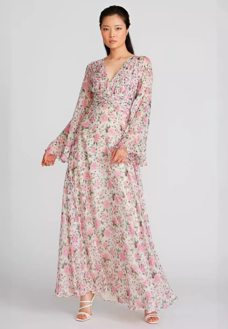 2024 Pink V-neck Slimming Waist Dress CA24081615PI