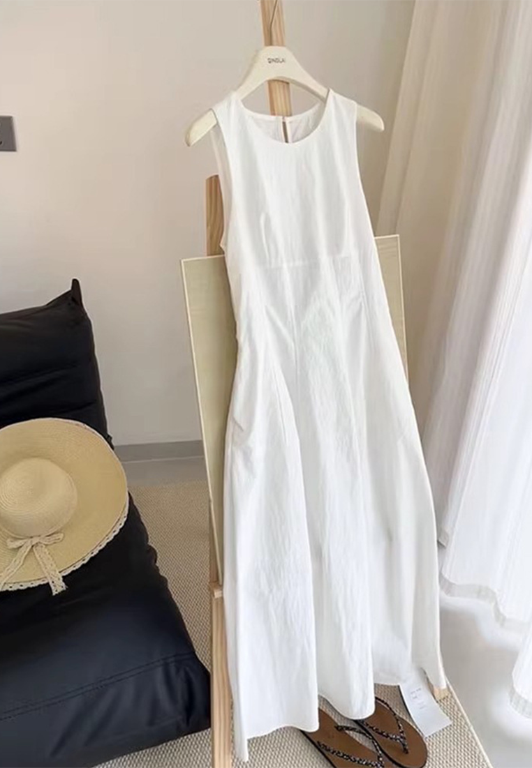 White Sleeveless Cotton Linen Beach Holiday Style Dress CA25061715W