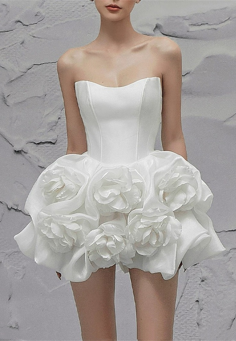 New Herringbone Bust-Wrap 3D Floral Puffy Mini Dress CA25100915W