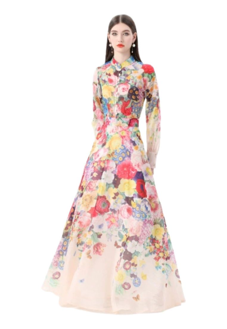 2025 stand up collar high waisted retro printed dress CA25031215BE