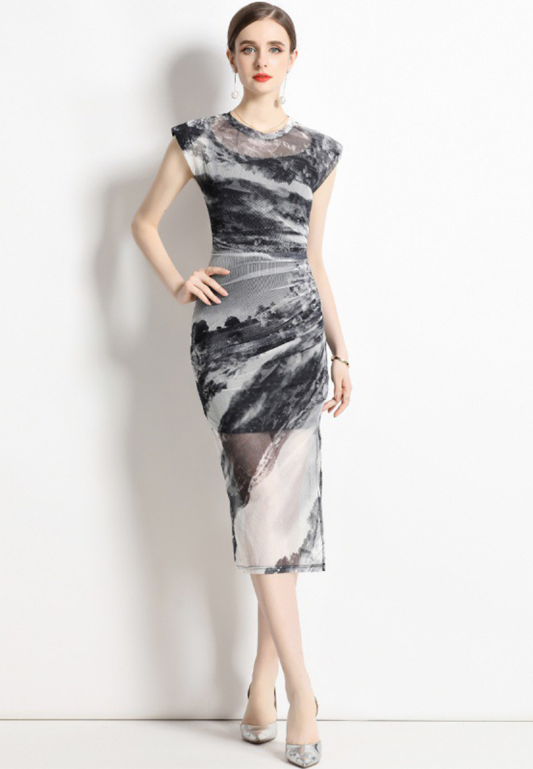 Gauze printed Chinese style suspender two-piece dress A021915