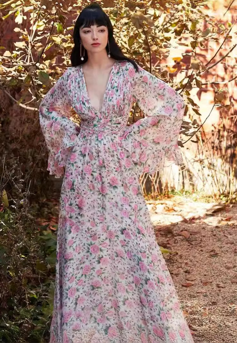 2024 Pink V-neck Slimming Waist Dress CA24081615PI