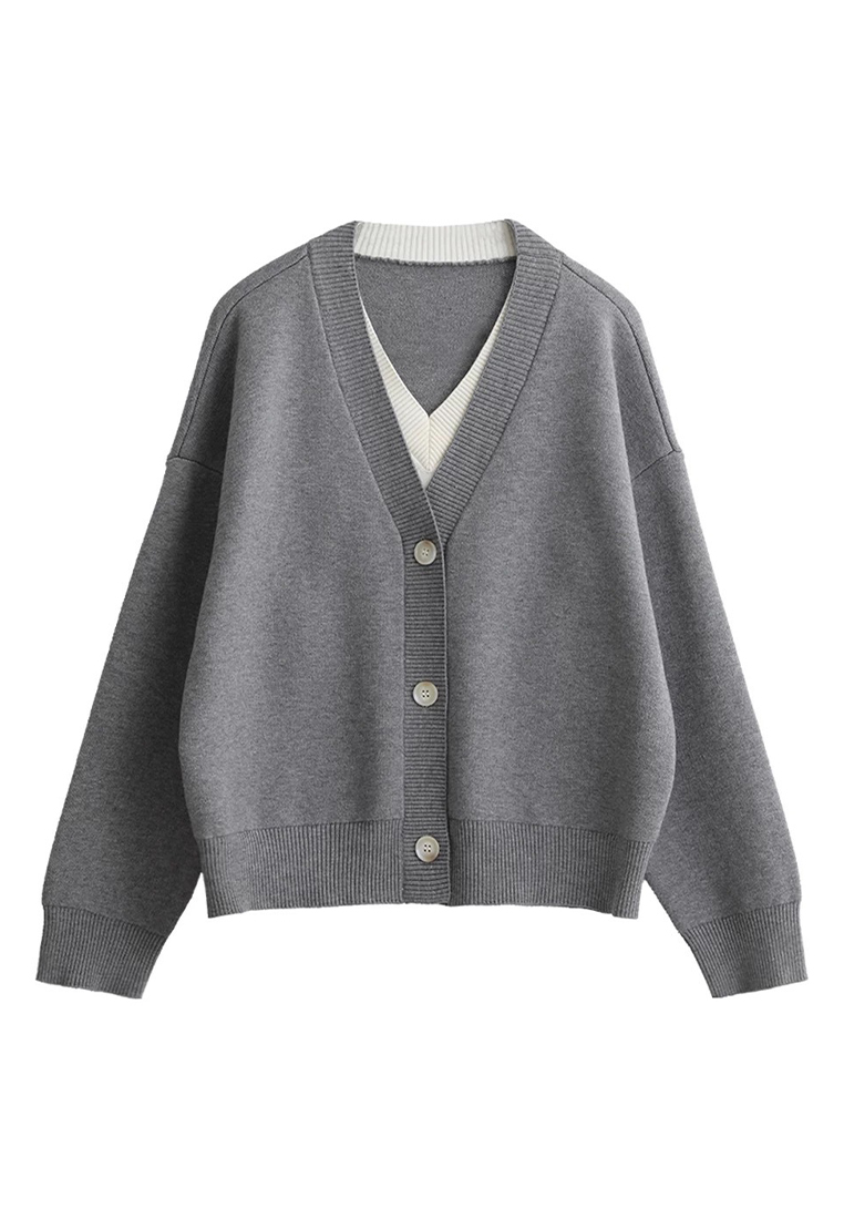 New V-neck knitted long sleeved top CA24111215GY