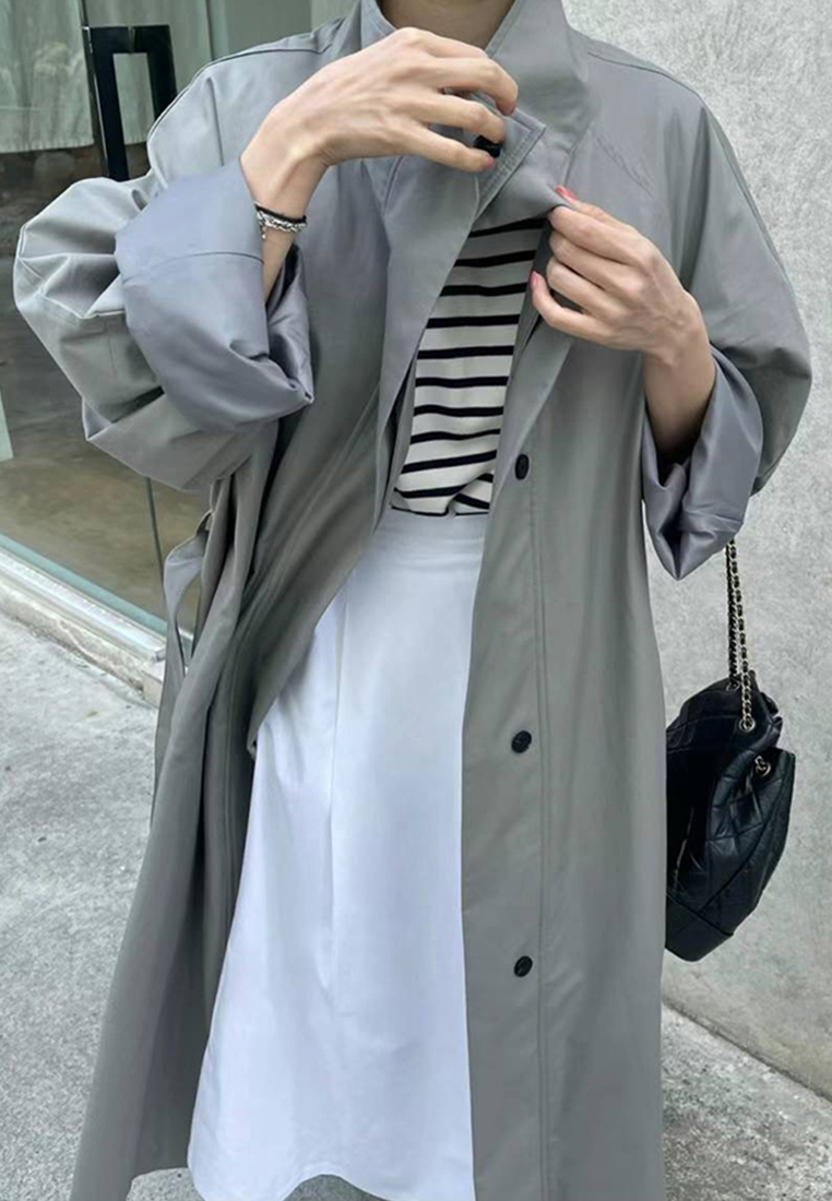 Loose solid color long windbreaker coat CA241128115GY