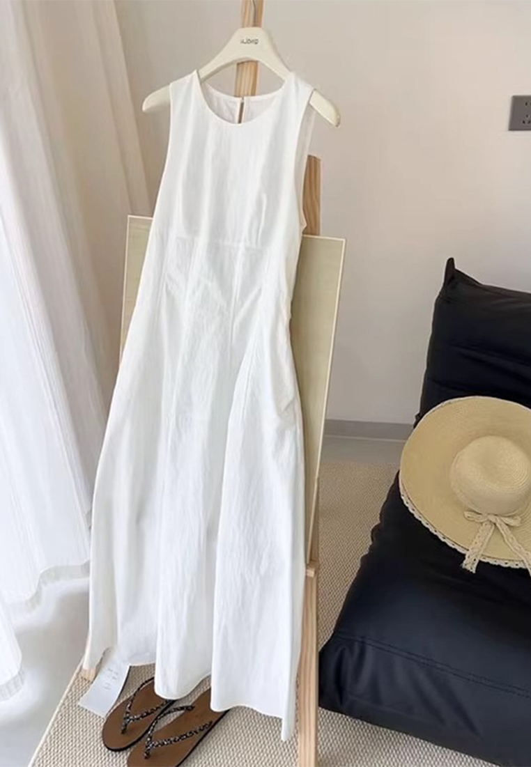 White Sleeveless Cotton Linen Beach Holiday Style Dress CA25061715W