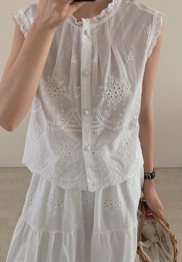 Cotton hollow embroidered vest skirt set CA25070915W
