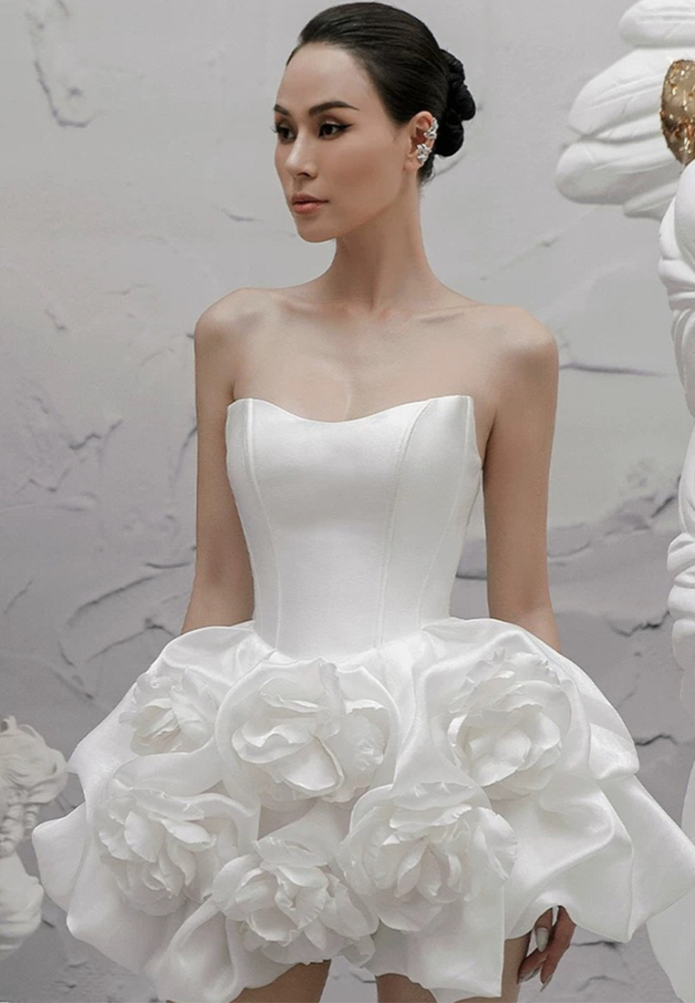 New Herringbone Bust-Wrap 3D Floral Puffy Mini Dress CA25100915W