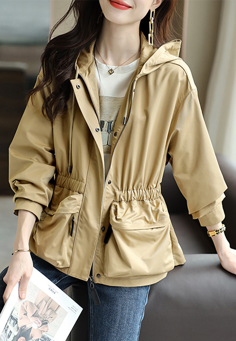 Fashion drawstring hooded spring and autumn short trench coat CA090815