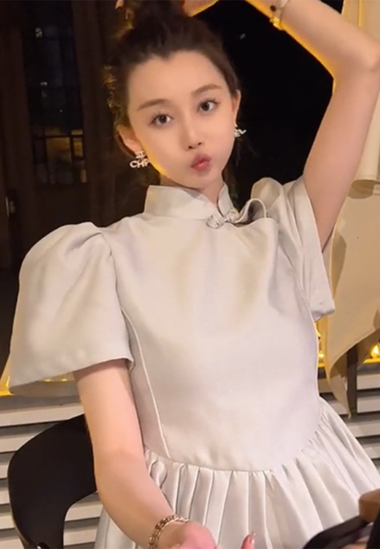 Fashionable and elegant Chinese button up puff sleeve dress CA122715