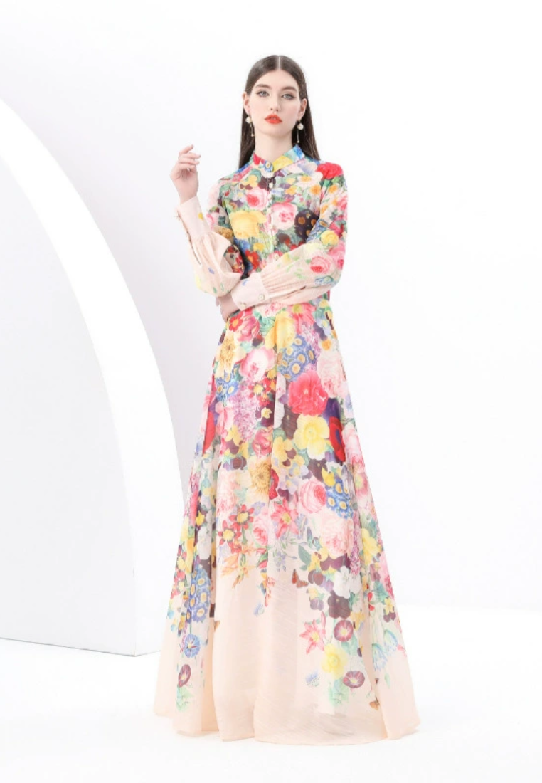 2025 stand up collar high waisted retro printed dress CA25031215BE