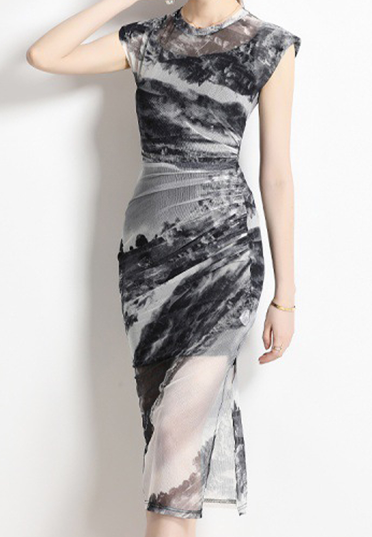 Gauze printed Chinese style suspender two-piece dress A021915