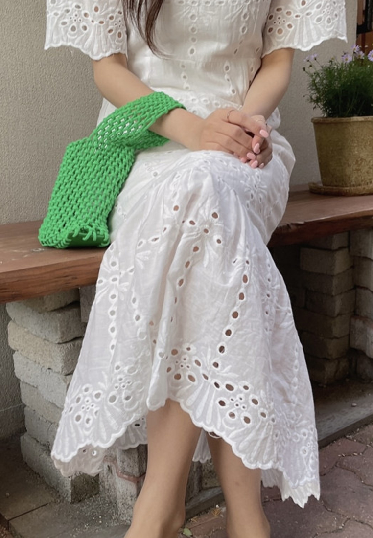 Summer French minimalist hollow lace short sleeved dress CA25032715BK