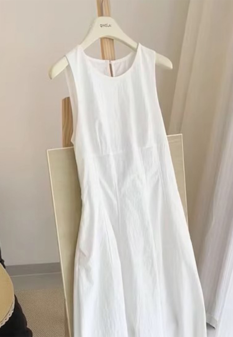 White Sleeveless Cotton Linen Beach Holiday Style Dress CA25061715W