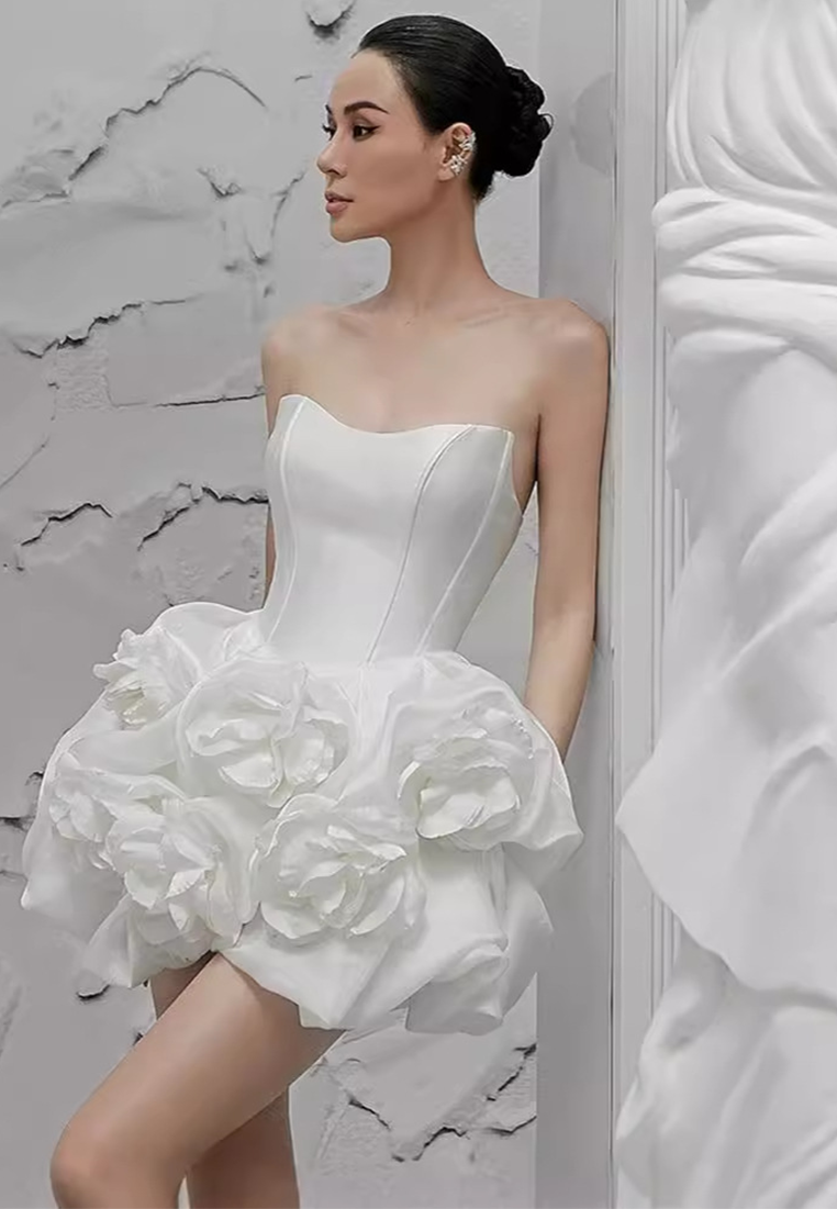 New Herringbone Bust-Wrap 3D Floral Puffy Mini Dress CA25100915W