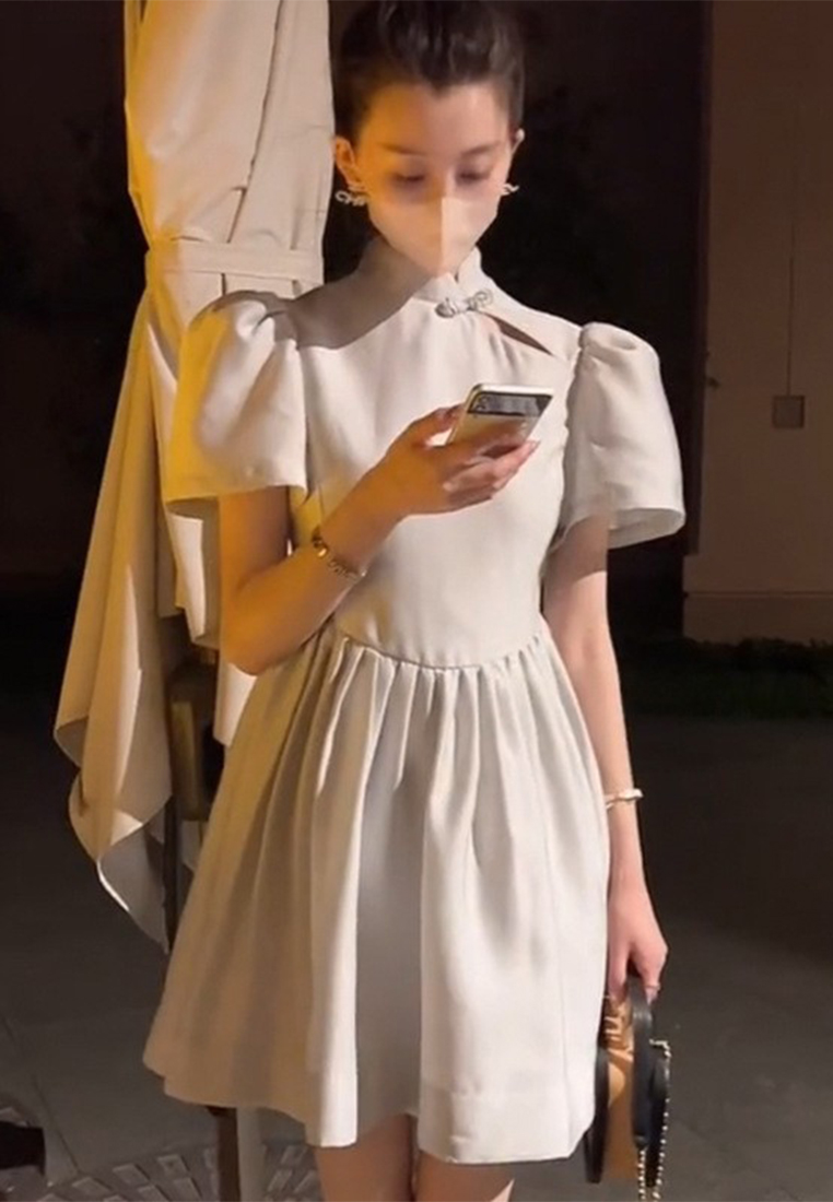 Fashionable and elegant Chinese button up puff sleeve dress CA122715