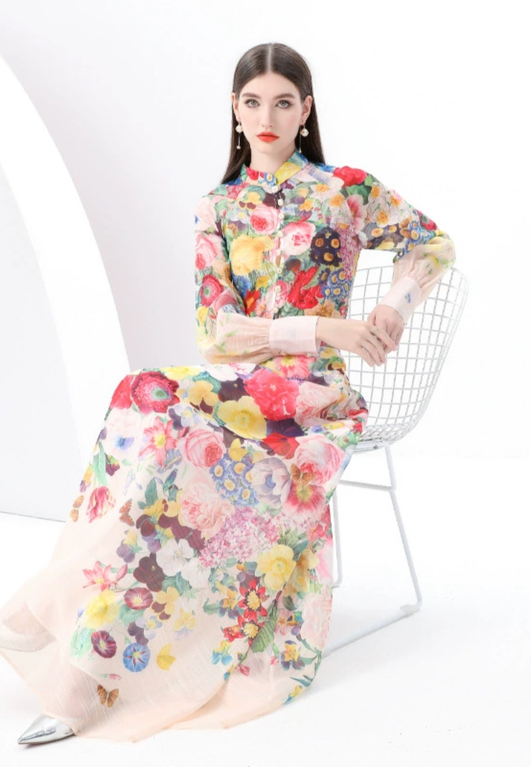 2025 stand up collar high waisted retro printed dress CA25031215BE