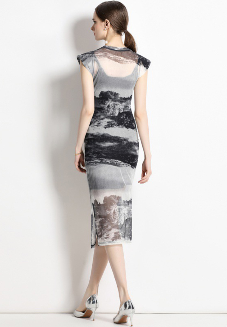 Gauze printed Chinese style suspender two-piece dress A021915