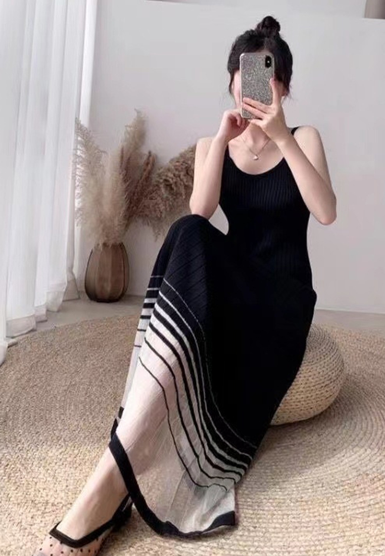 Summer new temperament mesh sweater suspender long dress CA24050615BK