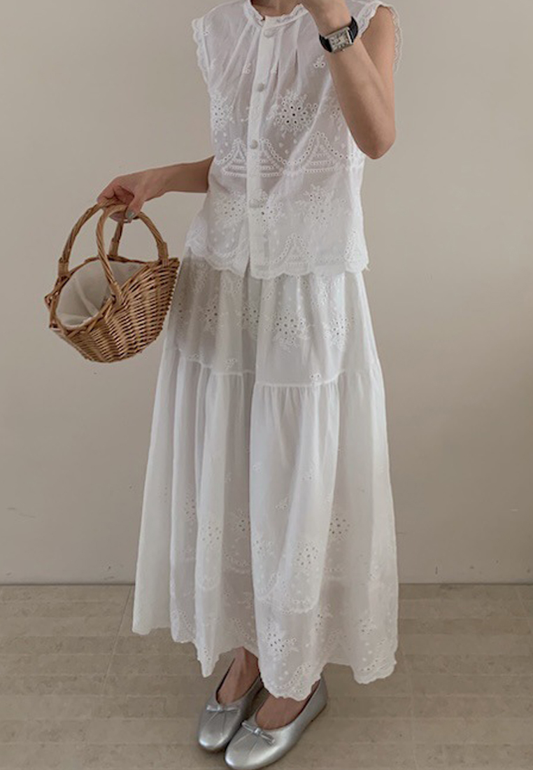 Cotton hollow embroidered vest skirt set CA25070915W