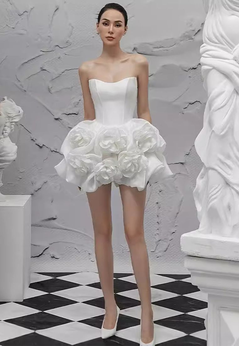 New Herringbone Bust-Wrap 3D Floral Puffy Mini Dress CA25100915W