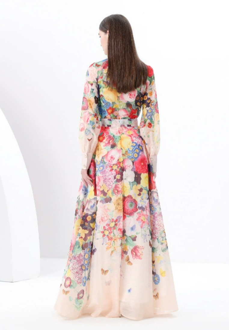 2025 stand up collar high waisted retro printed dress CA25031215BE