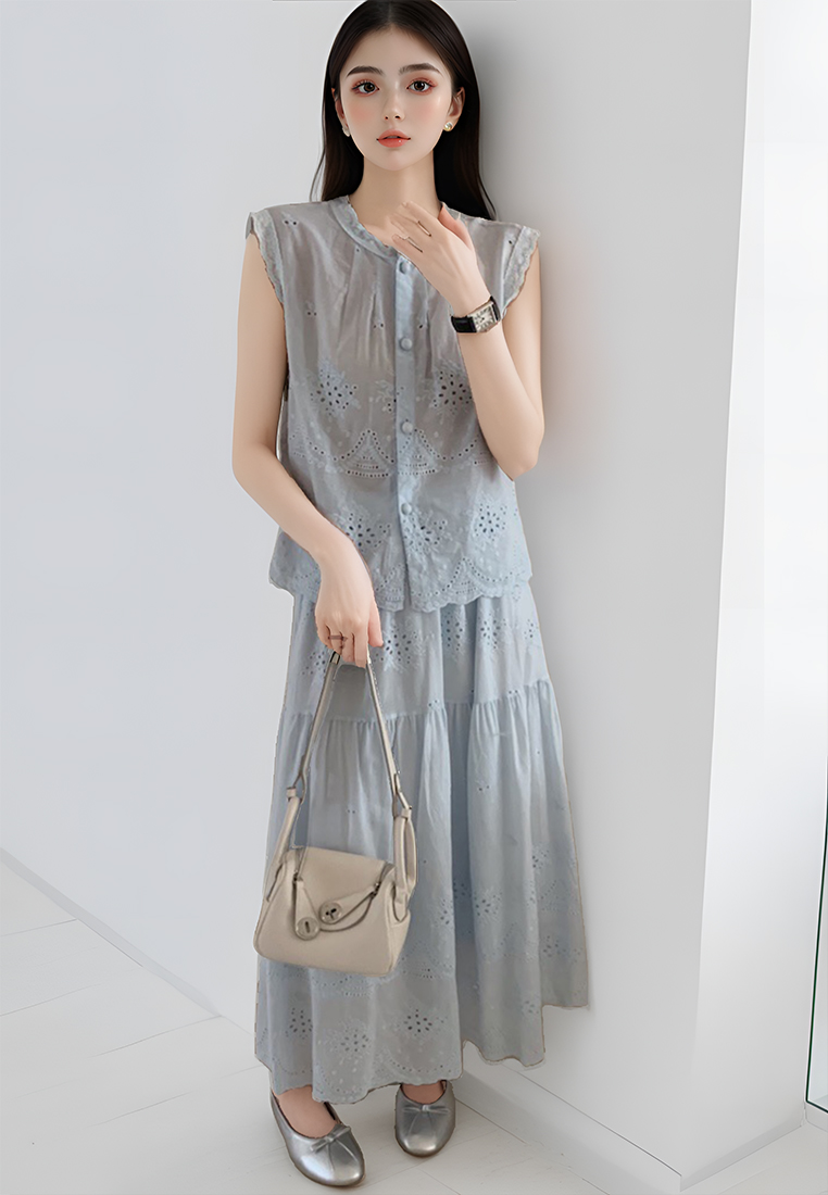 Cotton hollow embroidered vest skirt set CA25070915W