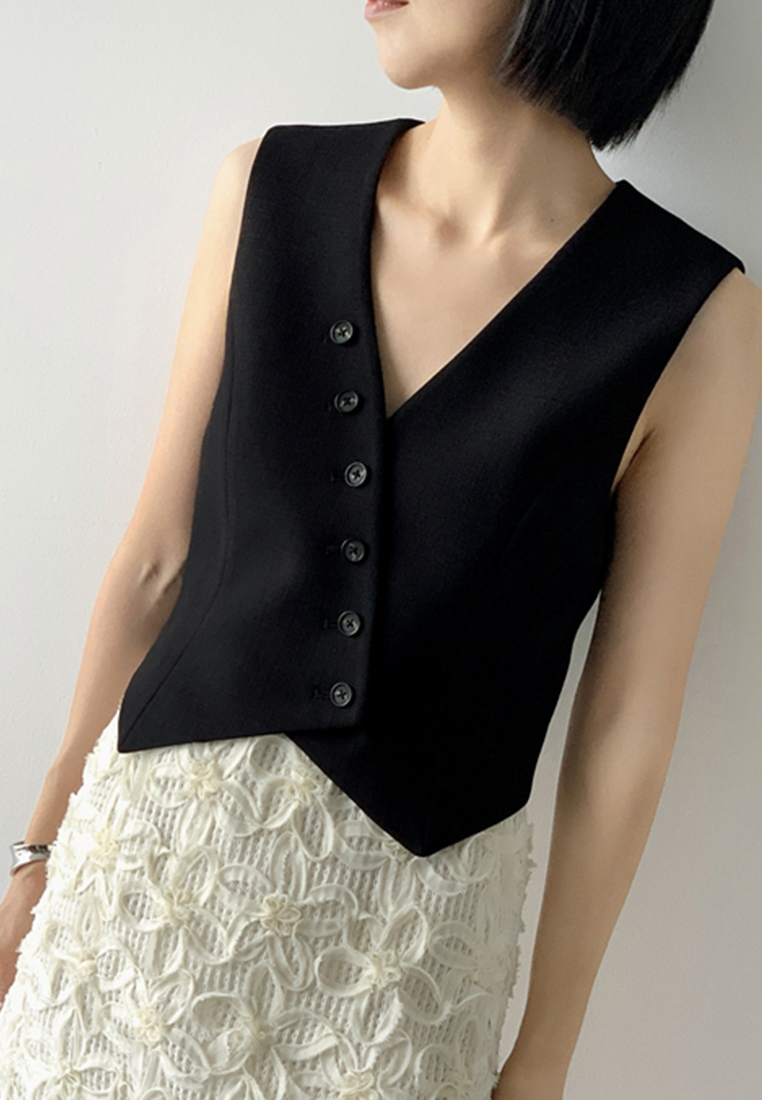 Retro and fashionable all-match v-neck sleeveless top CA25061715BK