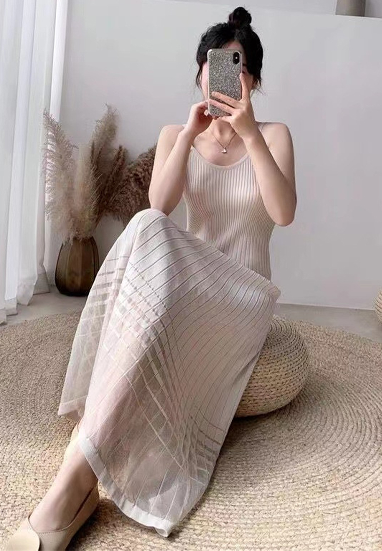 Summer new temperament mesh sweater suspender long dress CA24050615BK