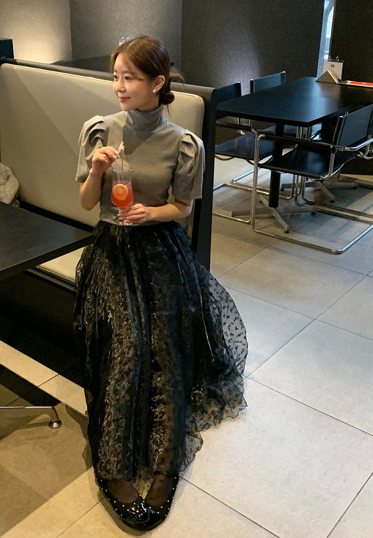 Spring printed high waist mesh long skirt CA25021333BK