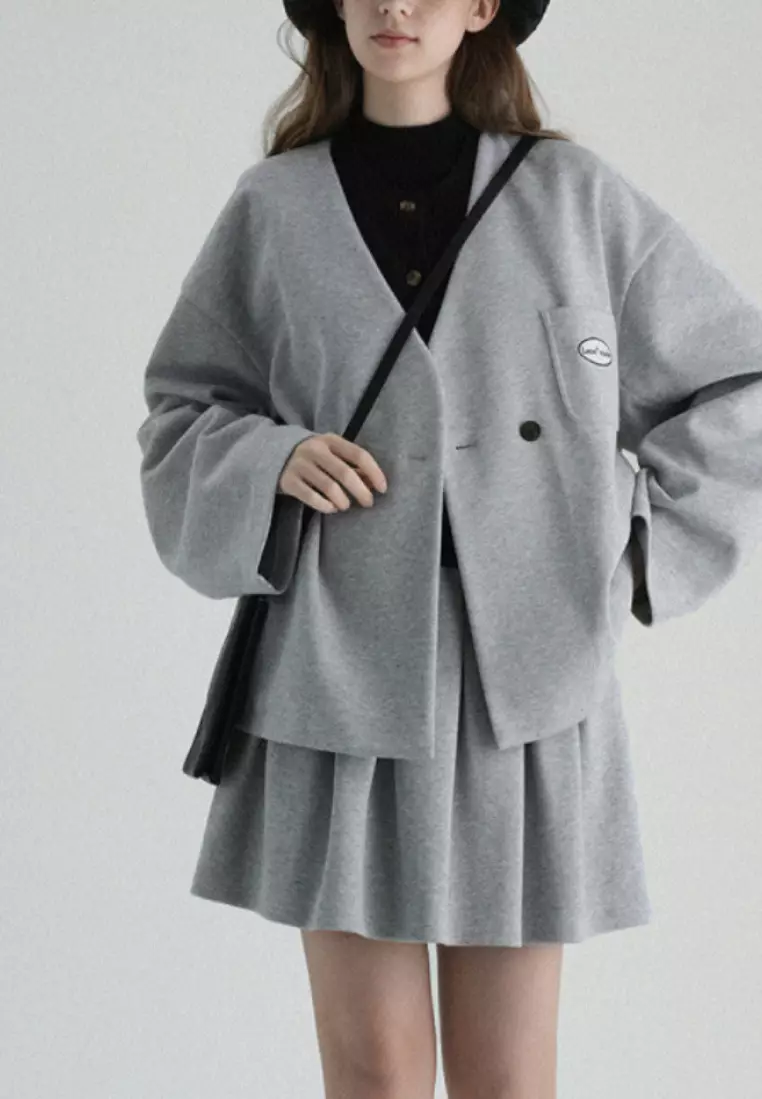 New college style double-breasted V-neck blazer pleated dress set K102308BK