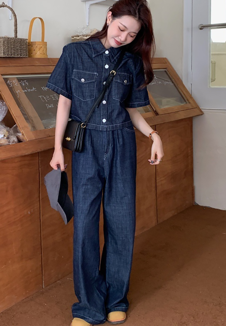 New denim short-sleeved shirt + denim mopping pants set CA25022416BL