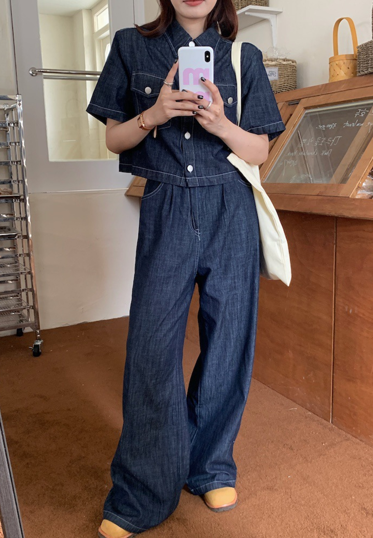 New denim short-sleeved shirt + denim mopping pants set CA25022416BL