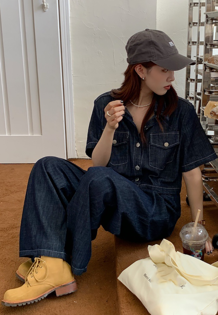 New denim short-sleeved shirt + denim mopping pants set CA25022416BL