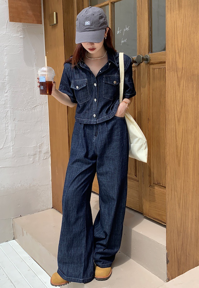New denim short-sleeved shirt + denim mopping pants set CA25022416BL