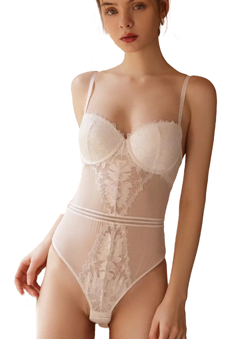 French Sexy Sling Tight Gathering Underwired Lace One-Piece Bra Underwear CA230504016W