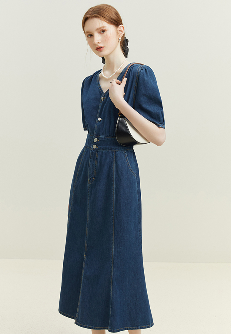 New V-neck denim maxi dress CA24030716