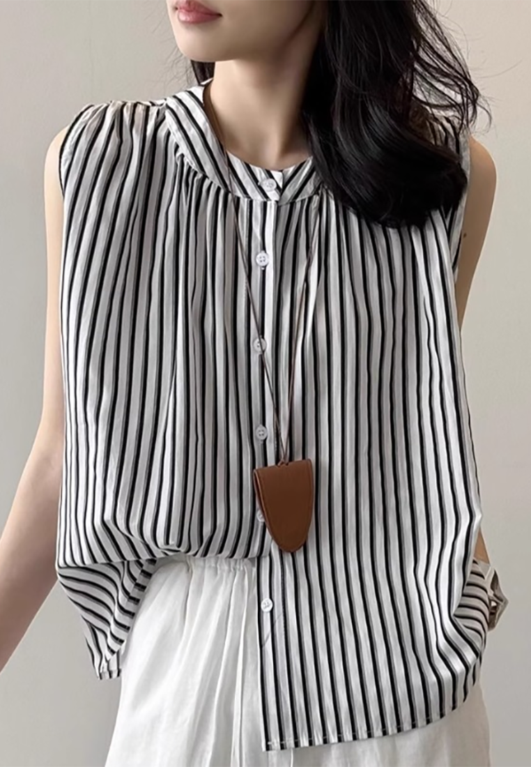 New retro vertical striped sleeveless cotton and linen shirt CA25070916MT
